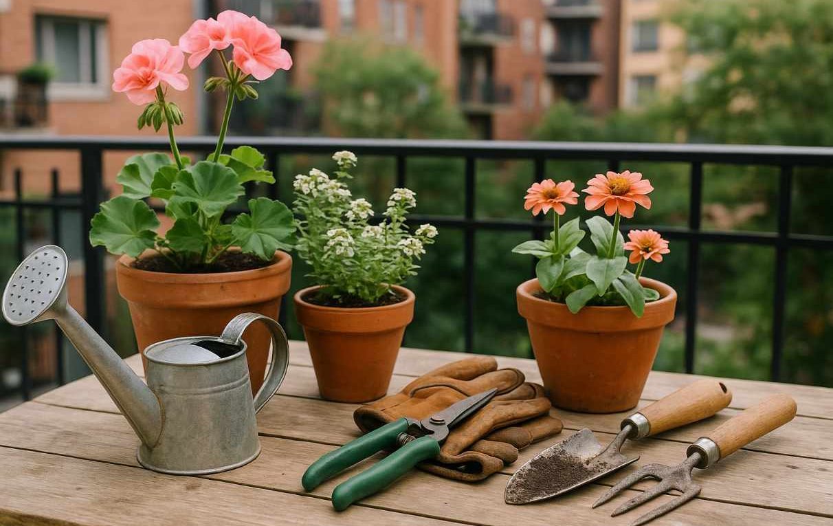 table de jardinage, outils, plantes fleuries, balcon urbain en fond